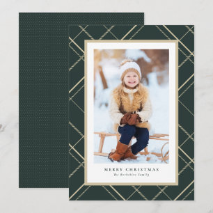 Elegant simple plaid one photo green Christmas Holiday Card