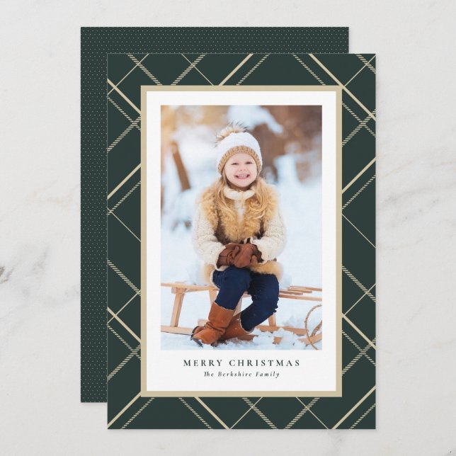 Elegant simple plaid one photo green Christmas Holiday Card (Front/Back)