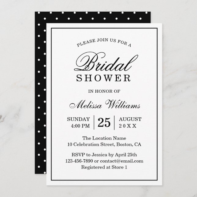 Elegant Simple Plain Black and White Bridal Shower Invitation (Front/Back)
