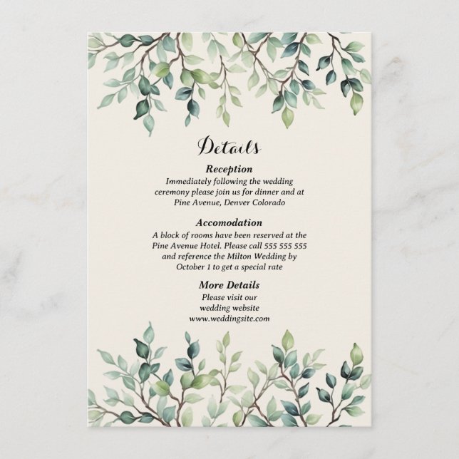 Elegant Simple Pretty leaves branches wedding Enclosure Card (Front)