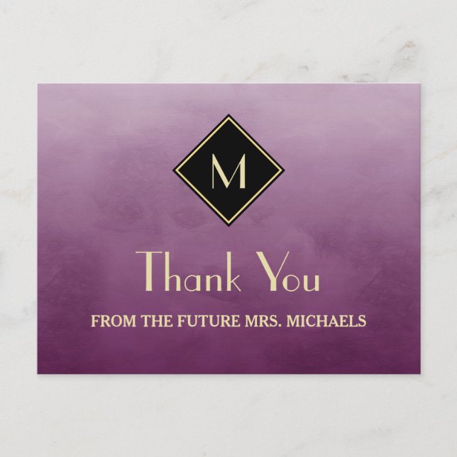 Elegant Simple Purple With Gold Monogram Thank You Postcard (Front)