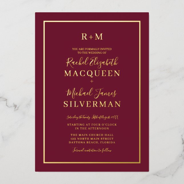 Elegant Simple Real Gold Border Burgundy Wedding (Front)