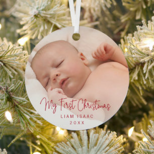 Elegant Simple Red Baby Photo My First Christmas Metal Tree Decoration