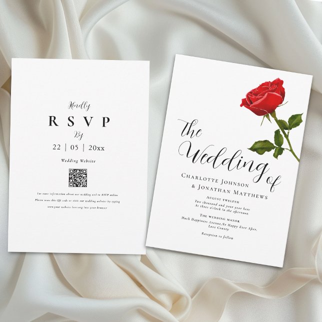 Elegant Simple Red Rose Wedding QR Code Invitation (Elegant simple watercolor single red rose wedding qr code invitation romantic script watercolor )