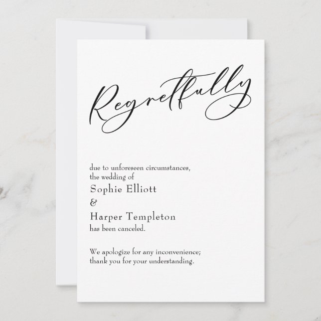 Elegant Simple "Regretfully" Cancelled Wedding Car Invitation (Front)