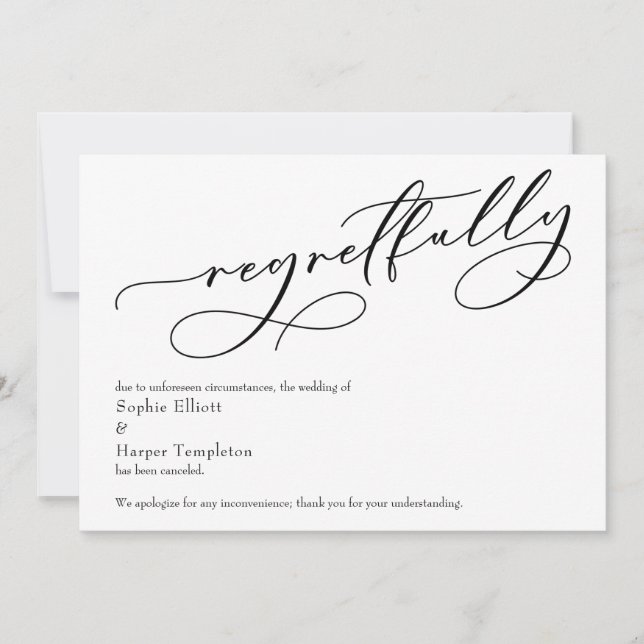 Elegant Simple "Regretfully" Cancelled Wedding Car Invitation (Front)