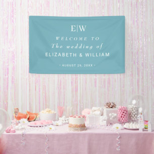 Elegant Simple Retro Blue with Monogram Wedding Banner