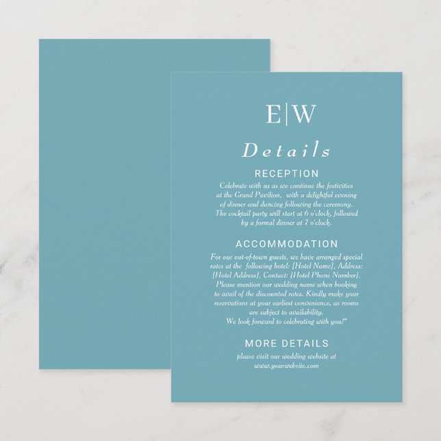 Elegant Simple Retro Blue with Monogram Wedding Enclosure Card (Front/Back)