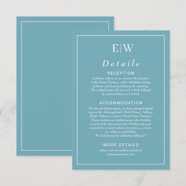 Elegant Simple Retro Blue with Monogram Wedding Enclosure Card (Front/Back)