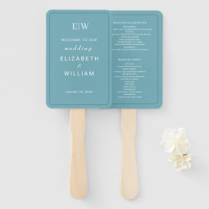 Elegant Simple Retro Blue with Monogram Wedding Hand Fan