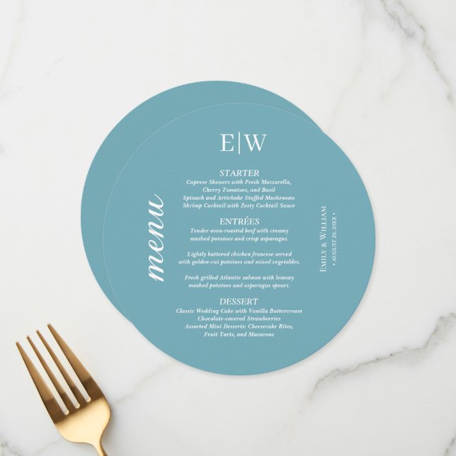 Elegant Simple Retro Blue with Monogram Wedding Menu (Front/Back In Situ)