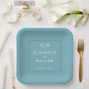 Elegant Simple Retro Blue with Monogram Wedding Paper Plate