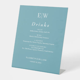 Elegant Simple Retro Blue with Monogram Wedding Pedestal Sign