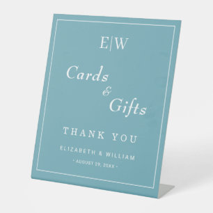 Elegant Simple Retro Blue with Monogram Wedding Pedestal Sign
