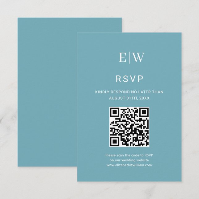 Elegant Simple Retro Blue with Monogram Wedding RSVP Card (Front/Back)