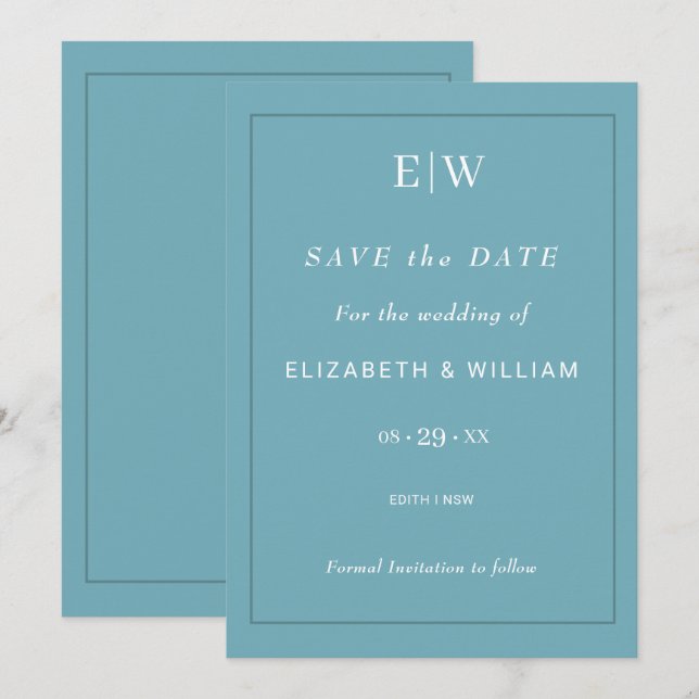 Elegant Simple Retro Blue with Monogram Wedding Save The Date (Front/Back)