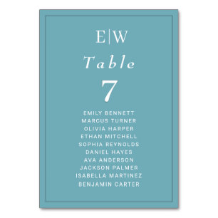 Elegant Simple Retro Blue with Monogram Wedding Table Number