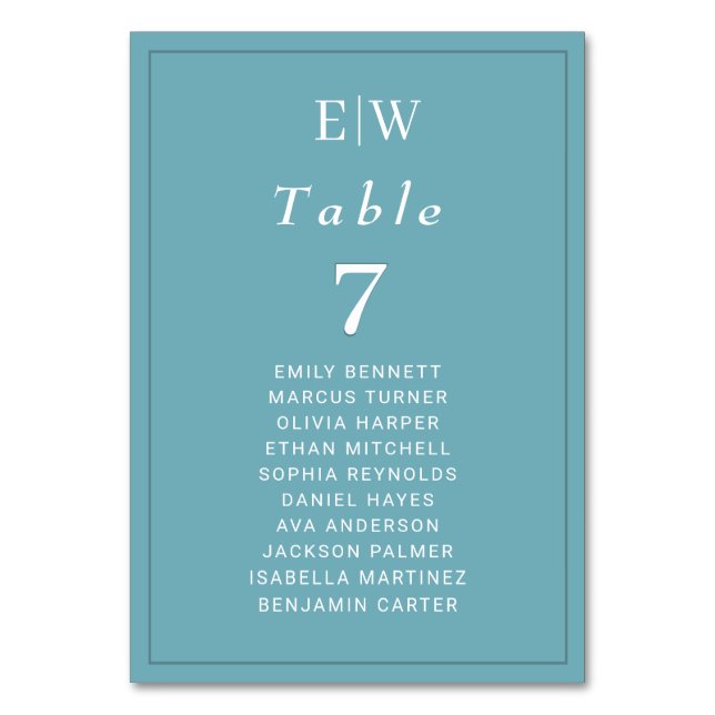 Elegant Simple Retro Blue with Monogram Wedding  Table Number (Front)