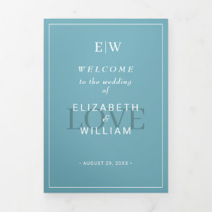 Elegant Simple Retro Blue with Monogram Wedding Tri-Fold Programme