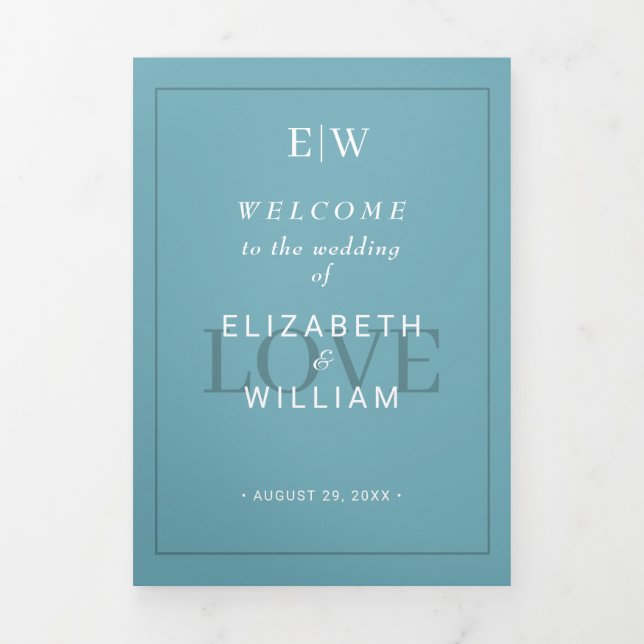 Elegant Simple Retro Blue with Monogram Wedding Tri-Fold Programme (Cover)