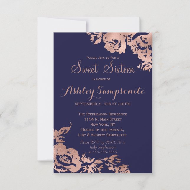 Elegant Simple Rose Gold Navy Floral Sweet 16 Invitation (Front)