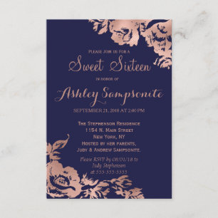 Elegant Simple Rose Gold Navy Floral Sweet 16 Invitation
