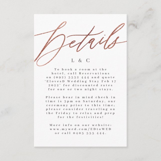 Elegant Simple Rose Gold Wedding Details Card (Front)