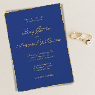 Elegant Simple Royal Blue Luxe Gold Edge Wedding Invitation