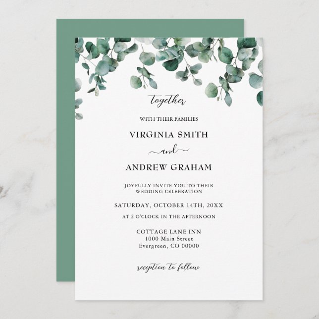 Elegant Simple Rustic Eucalyptus  Greenery Wedding Invitation (Front/Back)