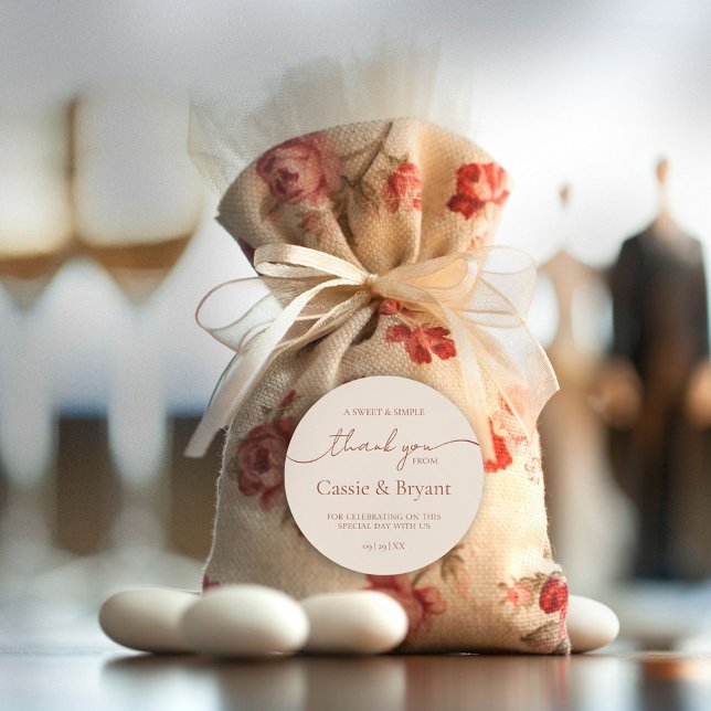 Elegant Simple Rustic Wedding Thank You Classic Round Sticker (Simple Elegant Rustic Terracotta Wedding Thank You Sticker)