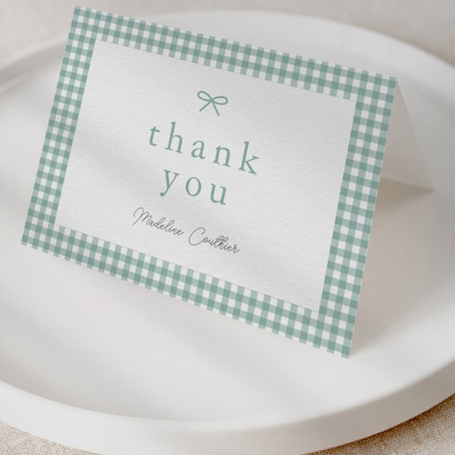 Elegant Simple Sage Green Baby Shower Thank You Card (Sage green bow gingham gender neutral baby shower thank you card.)