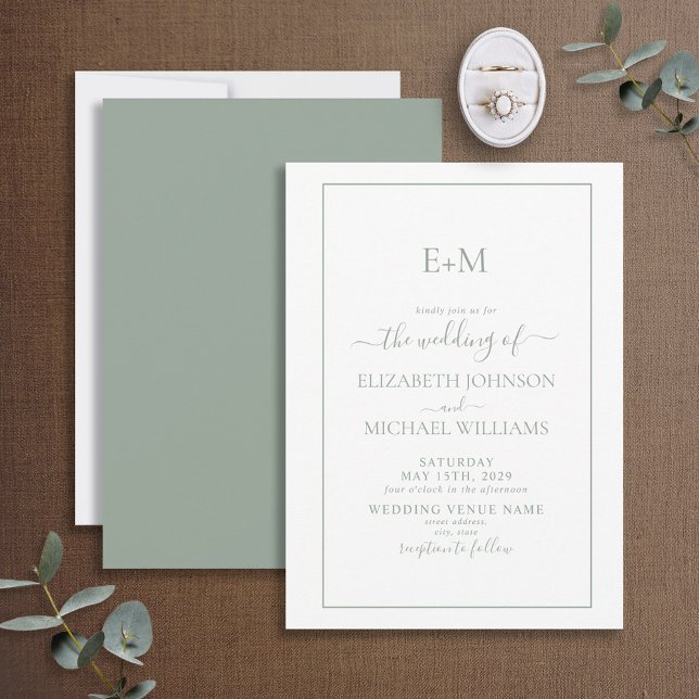 Elegant Simple Sage Green Formal Monogram Wedding Invitation (Creator Uploaded)