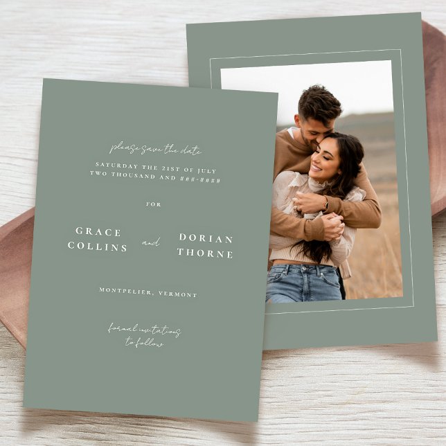 Elegant Simple Sage Green Neutral Photo Wedding Save The Date (Creator Uploaded)