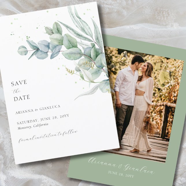 Elegant Simple Sage Green Photo Save the Date Invitation (Elegant, sage green, save the date card with watercolor greenery, calligraphy script and photo)