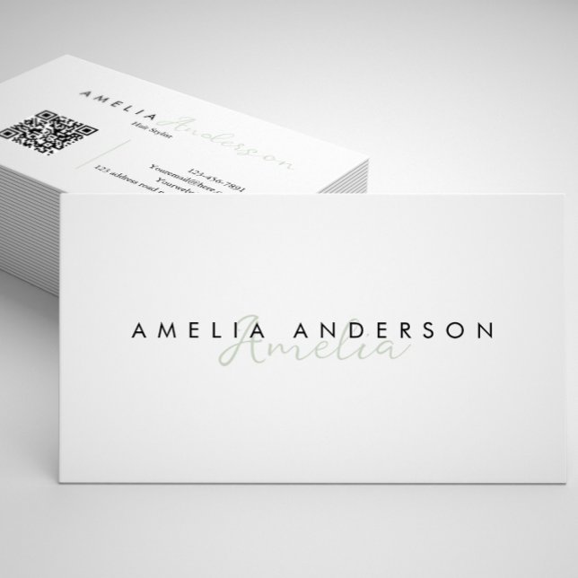 Elegant Simple Sage Green Script QR code Business Card (Creator Uploaded)