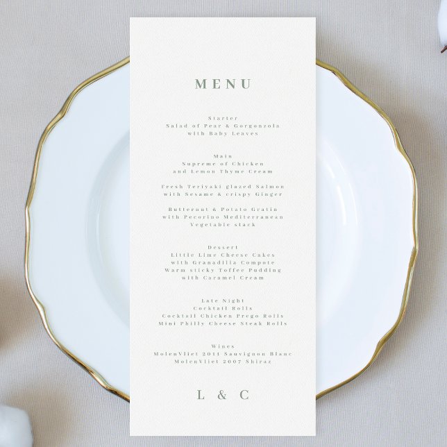 Elegant Simple Sage Green White Monogram Menu (Creator Uploaded)