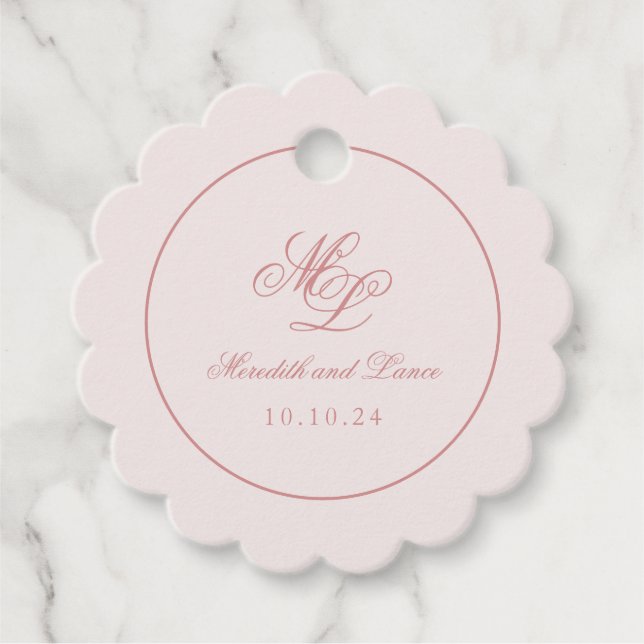 Elegant Simple Scallop Circle Pink Monogram Tag (Front)