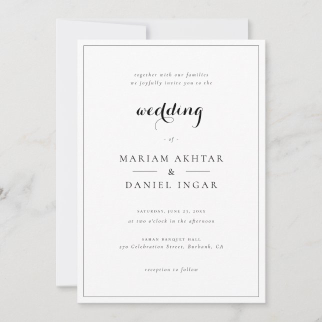 Elegant Simple Script Calligraphy White Wedding Invitation (Front)
