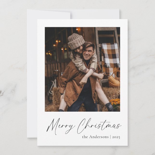 Elegant Simple Script Couple Photo Merry Christmas Holiday Card (Front)
