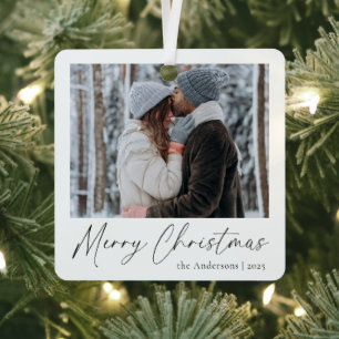 Elegant Simple Script Couple Photo Merry Christmas Metal Tree Decoration