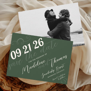 Elegant Simple Script Sage Green Photo Wedding Save The Date