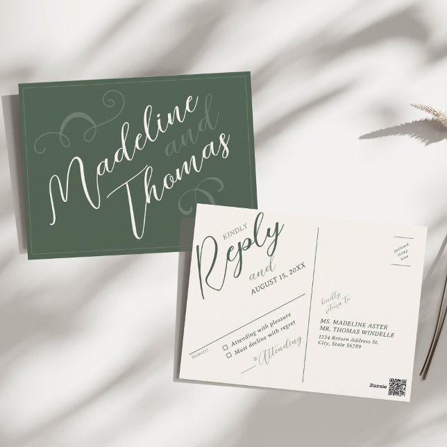 Elegant Simple Script Sage Green Wedding RSVP  Postcard (Elegant modern unique slant script and swirl dark moss green wedding invitation suite RSVP postcard)