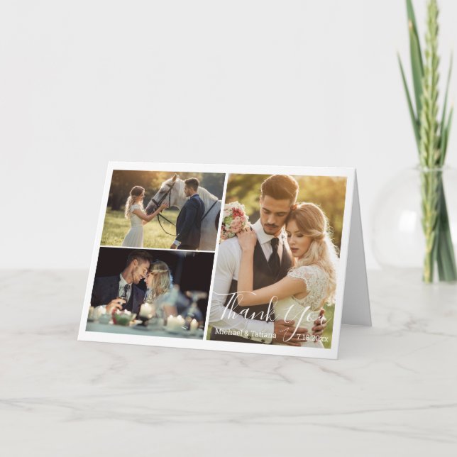 elegant simple script wedding 3 photos chic thank you card (Front)