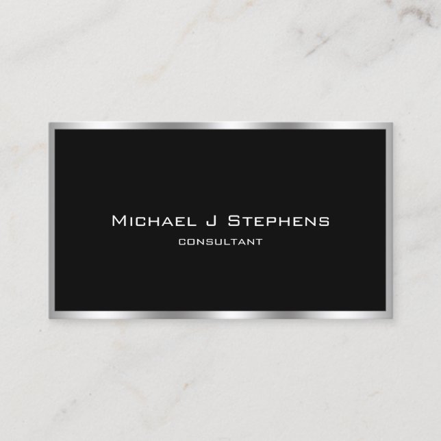 Elegant Simple Silver Border Black and Chrome Business Card (Front)
