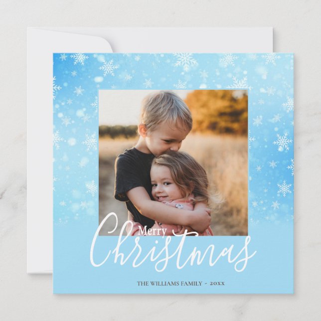 Elegant Simple Snowy  Blue Merry Christmas Photo Holiday Card (Front)