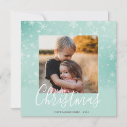 Elegant Simple Snowy Green Merry Christmas Photo Holiday Card