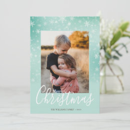 Elegant Simple Snowy Green Merry Christmas Photo Holiday Card