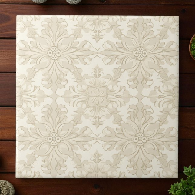 Elegant Simple Soft Beige Damask Ceramic Tile (Creator Uploaded)