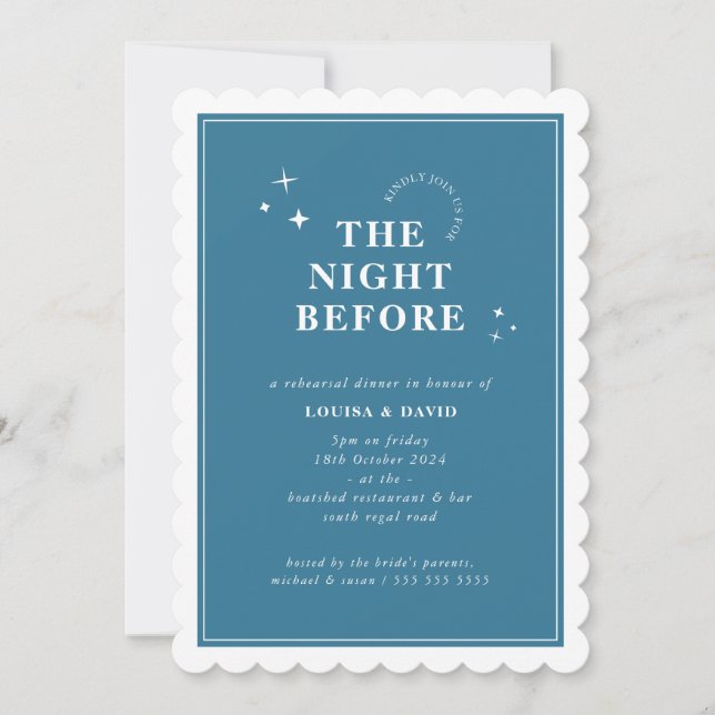 ELEGANT simple stars rehearsal dinner denim blue Invitation (Front)