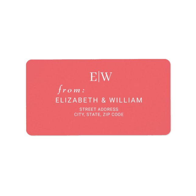 Elegant Simple Sunset Coral with Monogram Wedding Label (Front)